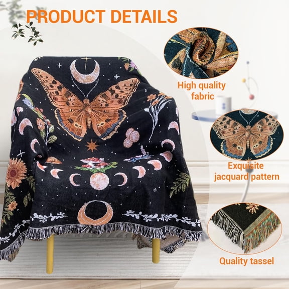 Moon Phase Butterfly Woven Throw Blanket for Couch Bed Lounge Chair Hippie Room Decor Bedspread Vintage Outdoor Aesthetic Wall Hanging Celestial Bedroom Decor 51x59
