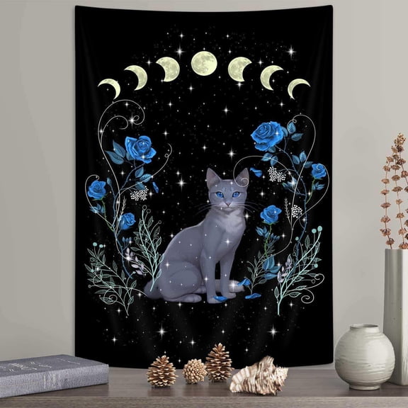Moon Phase Cat Vertical Tapestry Wall Hanging, Blue Rose Floral Tarot Design for Bedroom Dorm Home Decor, 30 x 40 Inch Black