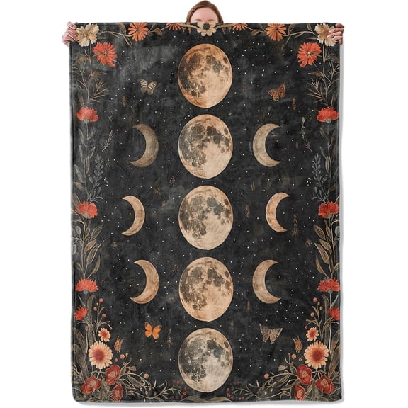 Moon Phase Celestial Floral Theme Blanket Gifts for Women Girls, Soft Warm Lightweight Flannel Throw Blankets for Living Room Home Sofa Travel Decor 60" x 80"