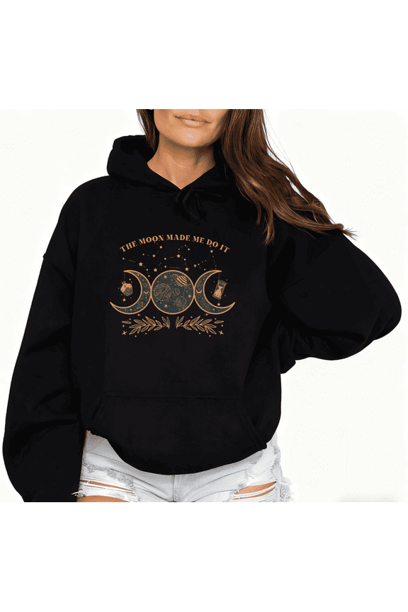 Moon Phase Celestial Graphic Breathable Tee T-Shirt Print Top Hooded long-sleeved Black S-2XL