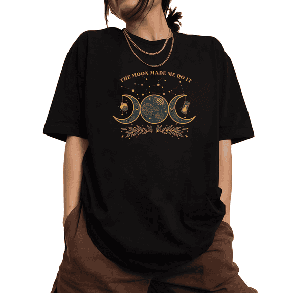 Moon Phase Celestial Graphic softness Tee T-Shirt Print Top Short Sleeve Round Neck Black S-5XL