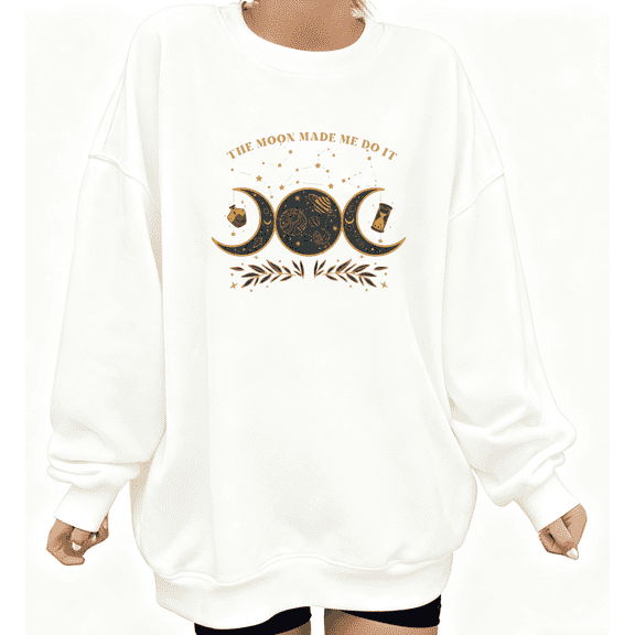 Moon Phase Celestial Graphic Tee T-Shirt Print Top Comfortable Round-neck long-sleeved white S-3XL