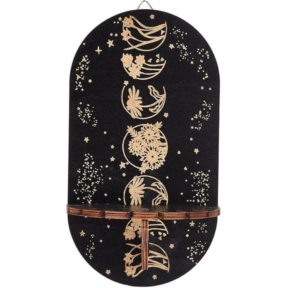 Moon Phase Crystal Display Shelf Witch Hanging Crystal Holder Wooden Wall-Mounted Crystal Flower Shelf Rustic Floating Shelves Stand for Essential Oil Spiritual Wall Decor Black 8.5x4.6Inch