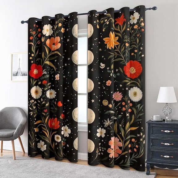 Moon Phase Curtains for Living Room, Celestial Floral Pattern Design Blackout Curtains, Moon Phase Bedroom Decor Window Drapes with Grommet-38"W x 45"L (Pack of 2)