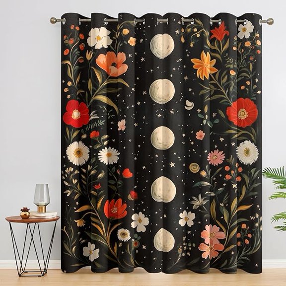 Moon Phase Curtains for Living Room, Celestial Floral Pattern Design Blackout Curtains, Moon Phase Bedroom Decor Window Drapes with Grommet 53"W x 96"L (Pack of 2)