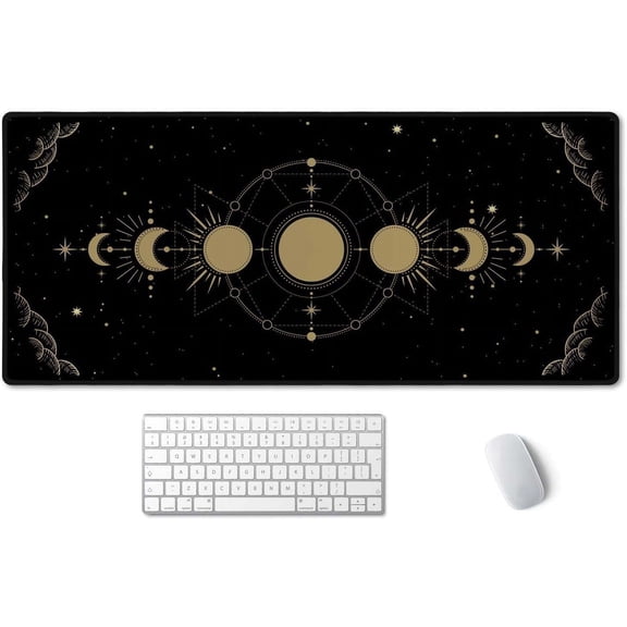 Moon Phase Desk Mat, Celestial Desk Mat XXL, Gold Moon Cycle Lunar Chart, Stars Horoscope Desk Mat, Mystical Astronomy Zodiac Extended Gaming Mouse Pad (35.4x15.7 in), Large Rubber Base Mousepad