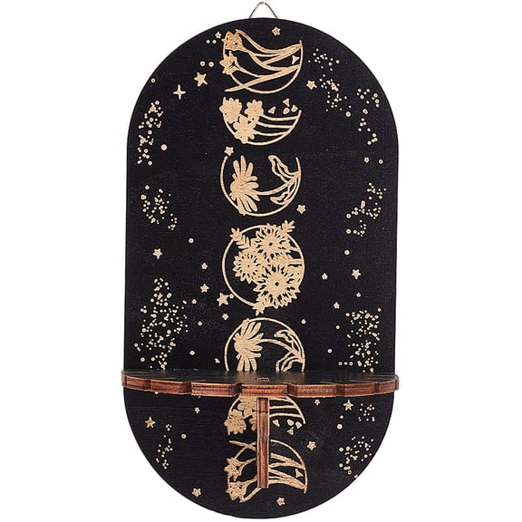Moon Phase Display Shelf Hanging Holder Wooden Wall-Mounted Flower Shelf Rustic Floating Shelves Stand for Essential Oil Spiritual Wall Decor Black