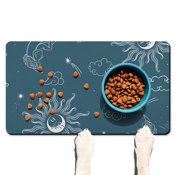Moon Phase Dog Food Mat - Bohemian Starry Night Pet Feeding Mat with Non-Slip Base, Waterproof and Absorbent Mat for Dogs and Cats, Eco-Friendly Design