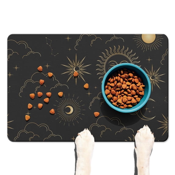 Moon Phase Dog Food Mat - Bohemian Starry Night Pet Feeding Mat with Non-Slip Base, Absorbent and Eco-Friendly Mat for Dogs and Cats