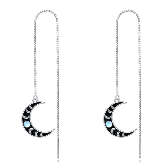 Moon Phase Earrings S925 Moon Threader Earrings Moonstone Long Chain Dangle Drop Pull Through Earrings Jewelry Gift for Women