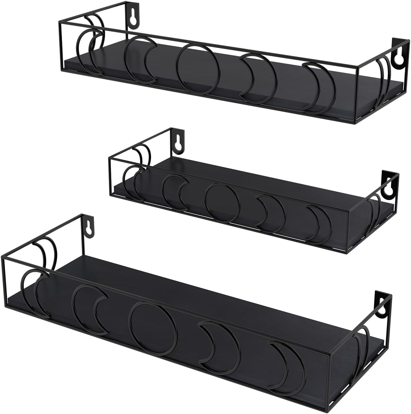 Moon Phase Floating Shelves Black, Set of 3 Small Decorative Wall Shelves for Book Plant Storage, Crystal Figurine Collectibles Display Shelf for Bedroom Kid Room