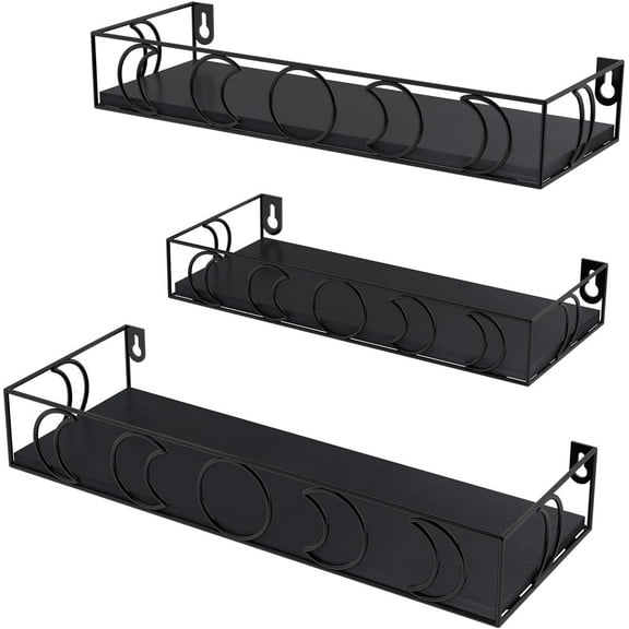 Moon Phase Floating Shelves Black, Set of 3 Small Decorative Wall Shelves for Book Plant Storage, Crystal Figurine Collectibles Display Shelf for Bedroom Kid Room