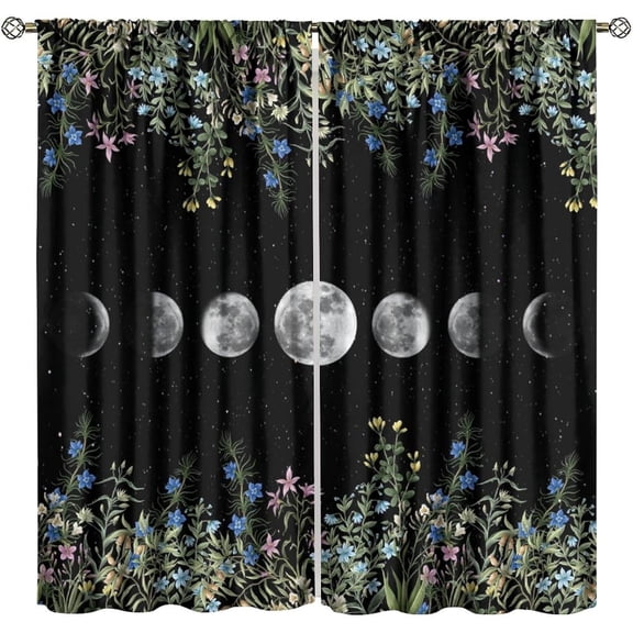 Moon Phase Floral Blackout Curtains, Garden Flower Herbs Nature Night Botanical Print Window Drapes, for Living Room Bedroom 42" W X 54" L