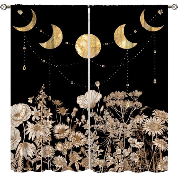 Moon Phase Floral Curtain,Vintage Boho Flowers Plants Print Drapes for Bedroom Living Room Window Treatment Set -42"W x 63"L (Pack of 2)
