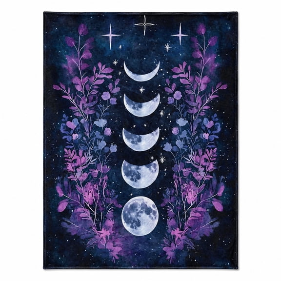 Moon Phase Floral Fleece Throw Blanket, Celestial Galaxy Botanical Soft Warm Cozy Blanket for Sofa Couch Travel, Lightweight 280gsm Throw, Gift Idea