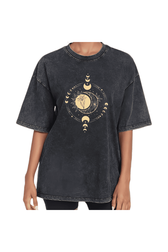 Moon Phase Graphic Shirt Women Washed Graphic Tees Print Tshirt Shirts Black Washed Celestial Boho Spiritual Floral Aesthetic Tee Size S-2XL Tops