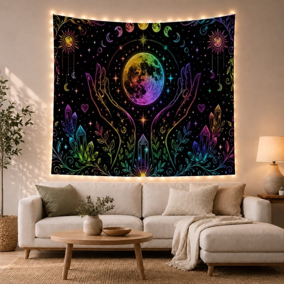 Moon Phase Hands in Solid Black Space, Mystical Celestial Art for Dark Art Lovers, Witchy Wall Decor Halloween Gift Tapestry Wall Hanging for Bedroom and Living Room