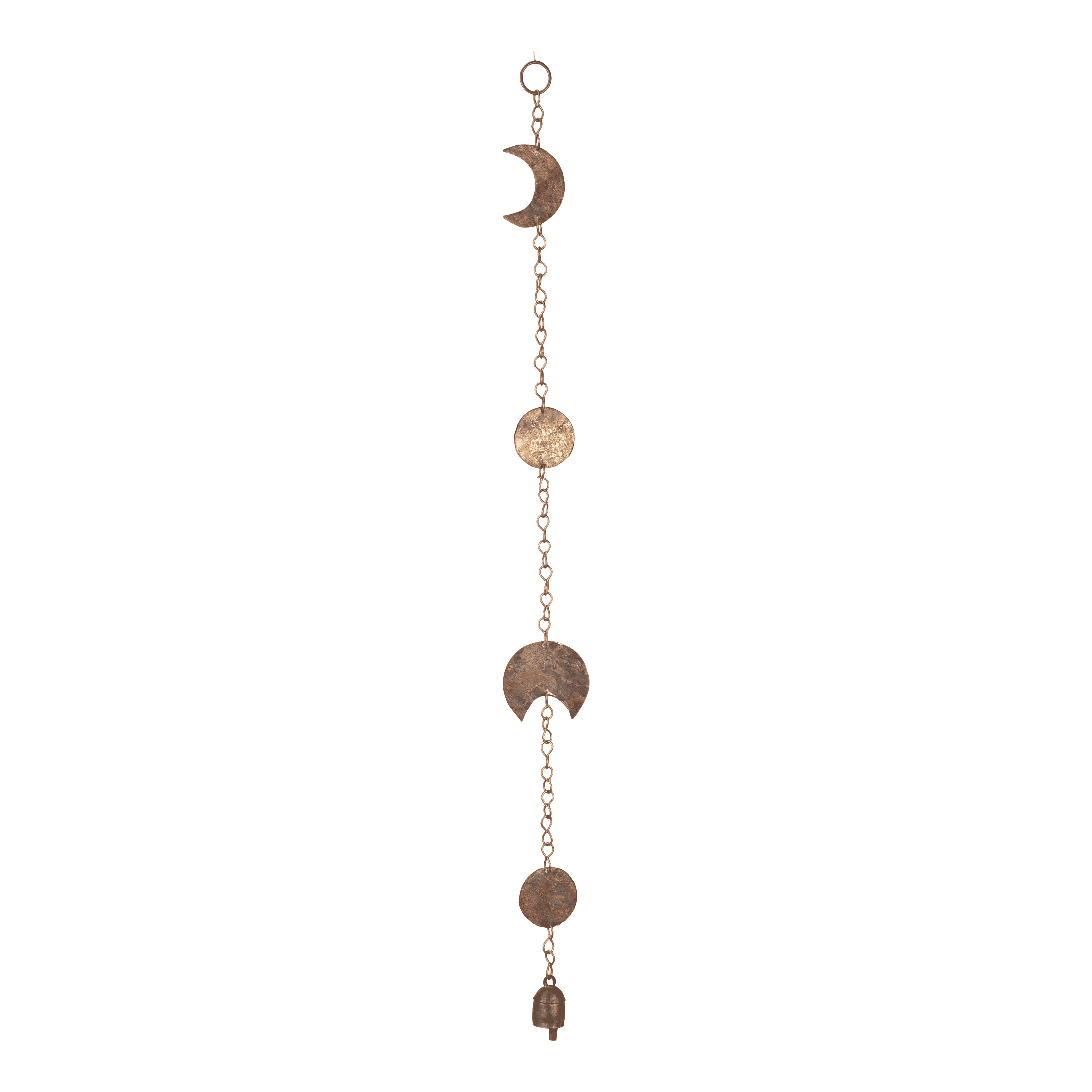 Moon Phase Hanging with Rustic Bell – 30 Inch Hammered Metal Wind Chime for Bedroom, Dorm, or Living Room – Boho Gold Celestial Decor for Cottagecore, Astrology Lovers, and Lunar-Inspired Spaces