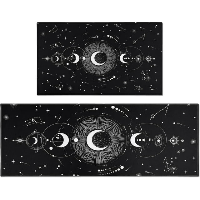 Moon Phase Kitchen Rug Set of 2 Black Goth Kitchen Mats for Floor Moon Runner Rug with Rubber ...