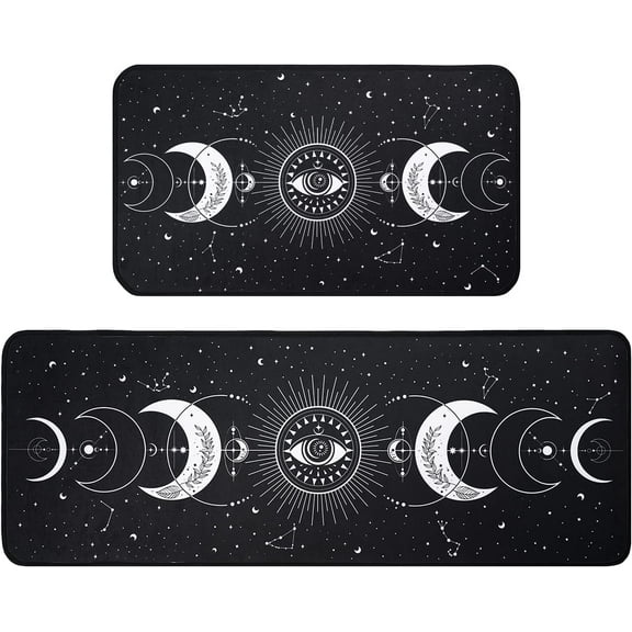 Moon Phase Kitchen Rug Set of 2, Goth Rug, Moon Rug, Black and White Constellation Halloween Kitchen Mat Rugs, Carpet- Gothic Witchy Moon Phase Kitchen Decor Decoration- 17x30 and 17x48 Inch