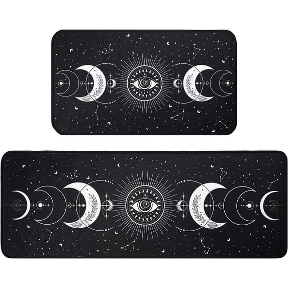 Moon Phase Kitchen Rug Set of 2, Goth Rug, Moon Rug, Black and White Constellation Halloween Kitchen Mat Rugs, Carpet- Gothic Witchy Moon Phase Kitchen Decor Decoration- 17x30 and 17x47 Inch
