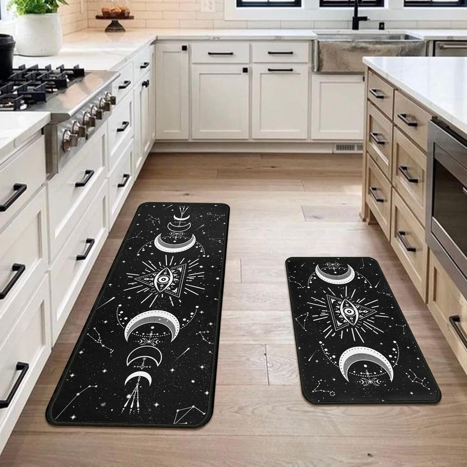 Moon Phase Kitchen Rugs Set 2 Pieces Black Goth Rug Non Skid Kitchen ...