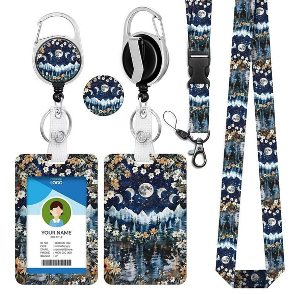 Moon Phase Lanyards for Id Badges, Starry Night Badge Holder with Retractable Reel Clip, Moonlight Mountain Flower Night Detachable Work Name Tag Lanyard Vertical ID Card Protector