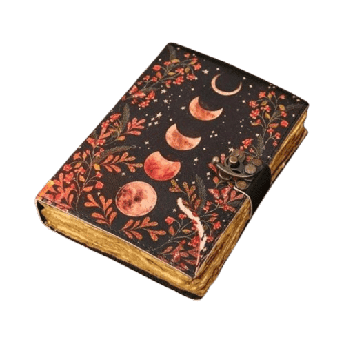 Moon Phase Leather Grimoire Journal – Antique Spell Book, 200 Pages Book of Shadows, Vintage Witchcraft Spellbook, Wiccan Pagan Gothic Gift