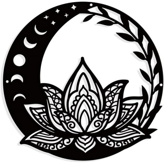 Moon Phase Lotus Metal Wall Art Decor Flat Round Matte Style Wall Hanging Decor Silhouette Wall Art for Home Garden Hotel Office Wall Festival Decoration Gift 11.8 inch Gray