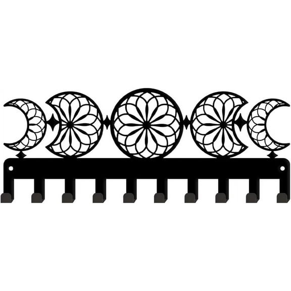Moon Phase Metal Key Holder Pattern Decorative 10 Hooks Key Rack Organizer Moon Phase Wall Mounted Rack Hooks Personalized Key Hanger Dog Leash Hanger for Home Wall Front Door Black
