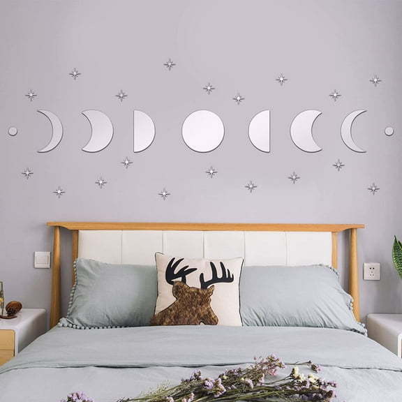 Moon Phase Mirror Wall Decals 3D Acrylic Moonphase Mirrors Moon Star Wall Sticker Silver Self Adhesive Ornament Scandinavian Natural Decor for Nursery Bedroom Decoration DIY
