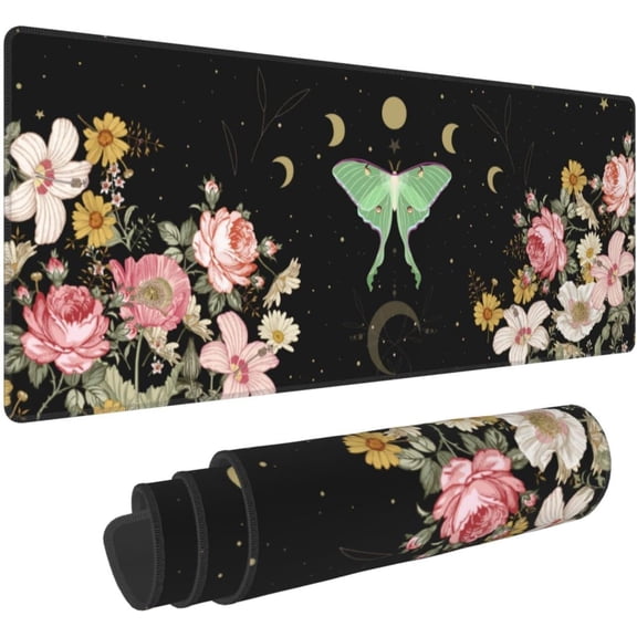 Moon Phase Moth Garden Black XXL XL Large Gaming Mouse Pad for Desk, Non-Slip Long Extended Keyboard Pads Mousepad Rubber Table Mat 31.5 X 11.8 Inch