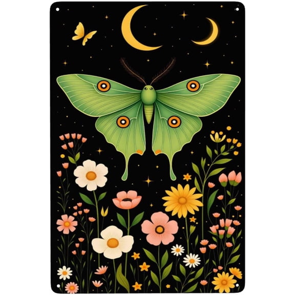 Moon Phase Moth Metal Tin Sign, Decorative Wall Art for Bedroom Cafe Dining Room, 8 x 12 Inch
