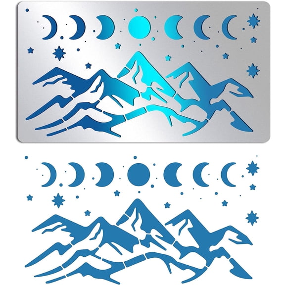 Moon Phase Mountain Stainless Steel Stencils 7x4 inch Sun Reusable Painting Template for Painting Wood Burning Journaling Matte Stainless Steel Color