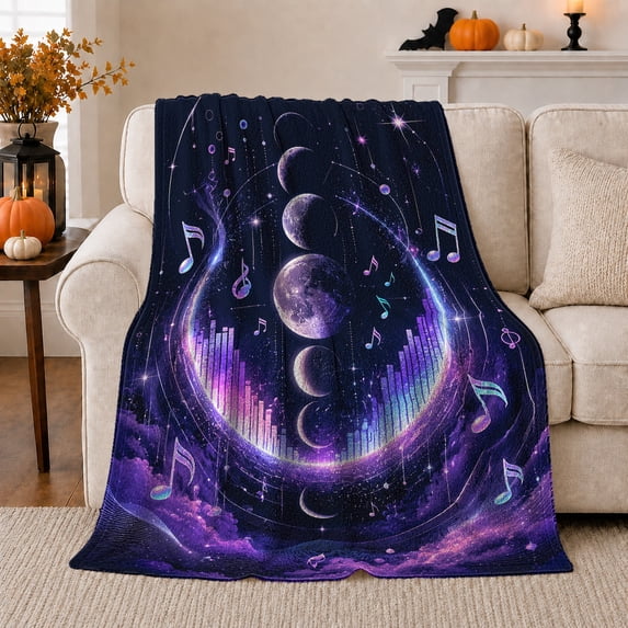 Moon Phase Music Notes in Purple Night, Mystical Celestial Style for Music Lovers, Cosmic Sound Scene and Birthday Gift, Cozy Flannel Blanket for Bedroom and Studio, Home Decor