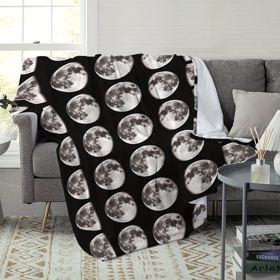 Moon Phase Pattern Flannel Throw Blanket - Contemporary Polyester Digital Print All-Season Cozy Sofa Travel Blanket for Office Naps Home Decor Gift for Friends Family Travel BlanketMoon Phase DesignS