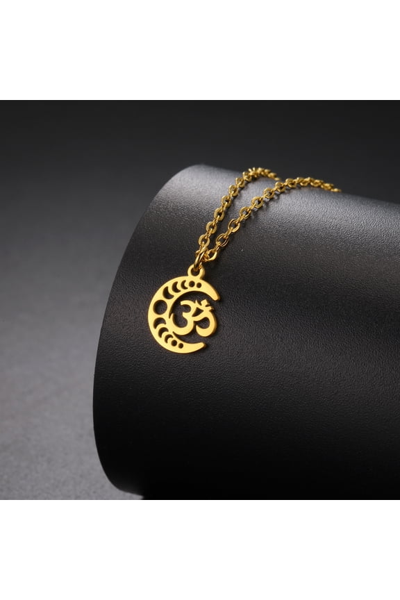 Moon Phase Pendant 14K Yellow Gold Necklace Women's Fashionable Retro Crescent Goddess Lotus Celtic Knot Yoga OM Jewelry Gift