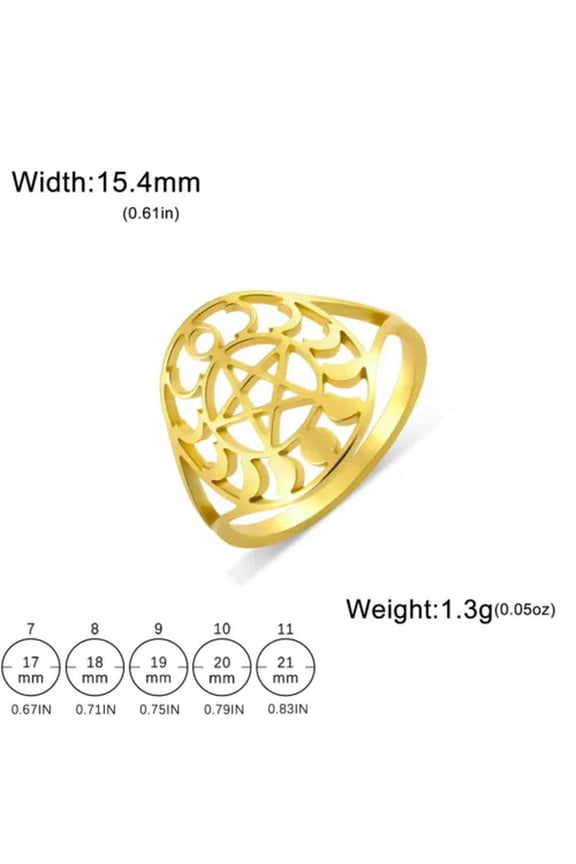 Moon Phase Pentacle Ring Stainless Steel Adjustable Wicca Amulet Jewelry