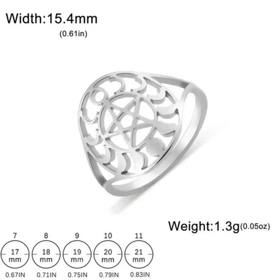 Moon Phase Pentacle Ring Stainless Steel Adjustable Wicca Amulet Jewelry