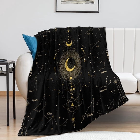Moon Phase Plush Throw Blanket Baroque Black and Gold Geometric Star Pattern Soft Flannel 30x40 Inch for Couch Bed Chair Camping and Travel