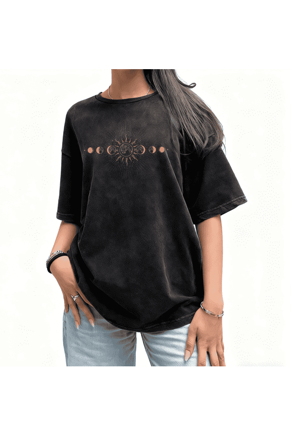 Moon Phase Print Tshirt Sun Graphic Tees Washed Black Shirts Mystic Style S-2XL Casual Printed Classic Round Neck Tops