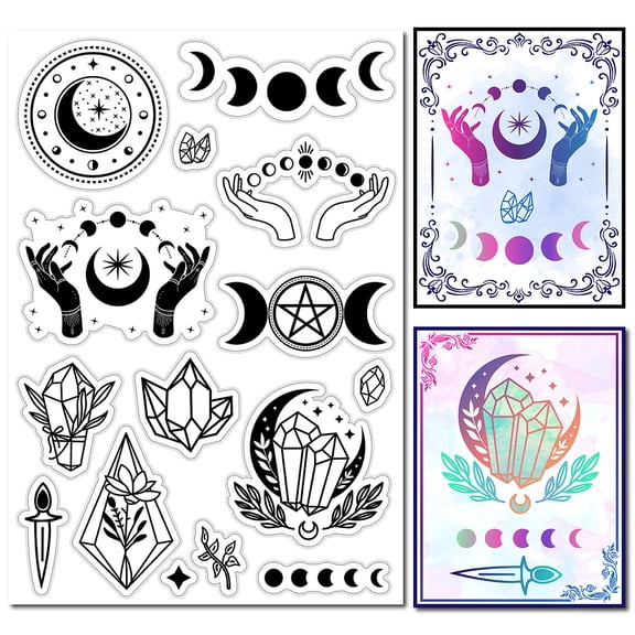 Moon Phase Rubber Stamp Magic Hands Star Vintage Clear Transparent Silicone Seals Stamp for Journaling Card Making DIY Scrapbooking Handmade Photo