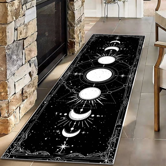 Moon Phase Runner Rug 2x6ft, Washable Black Celestial Witchy Gothic Floor Mat, Non-Slip Boho Sun and Star Carpet for Bedroom, Hallway