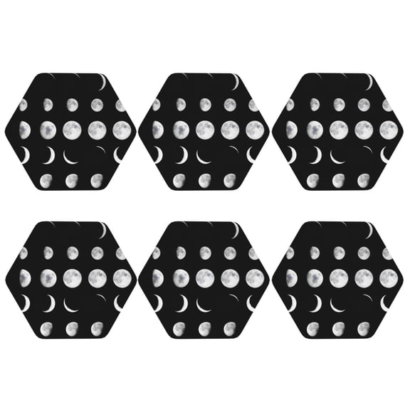 Moon Phase Set of 6 Faux Leather 4 Inch Coasters Drinks Tabletop Home Dinning Hexagon