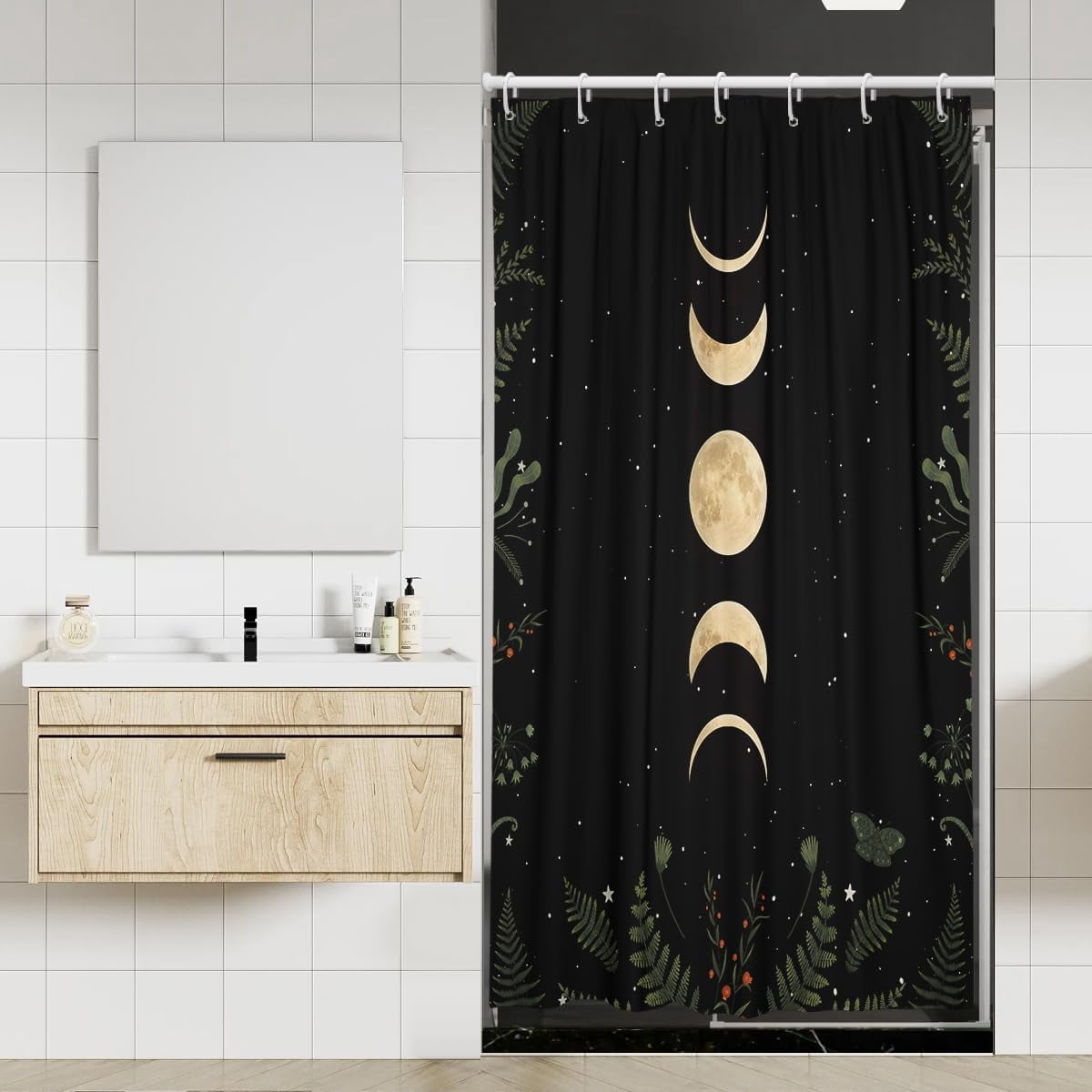 Moon Phase Shower Curtain 36x72 Inch Stall Harf Mini Size Stand up Standing Moonlit Celestial Leaves Plants Goth Gothic Witch Witchy Mysticism Bathroom Polyester Fabric Waterproof 7 Pack Hooks