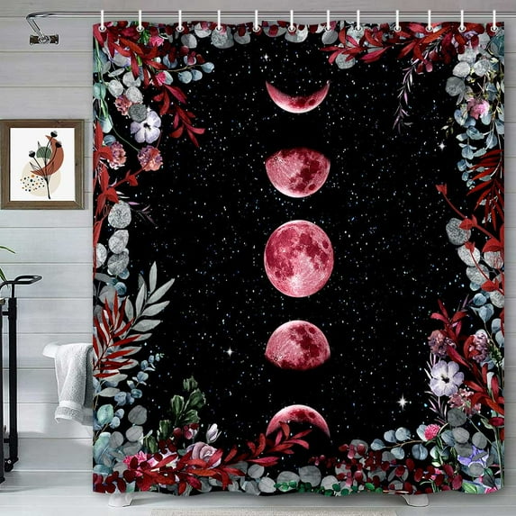 Moon Phase Shower Curtain, Aesthetic Red Moon Moonlit Celestial Night Garden Plants Herbs Botanical Floral Sky Gothic Bathroom Decor Bath Curtain 12 Hooks Fabric Polyester Washable