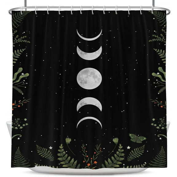 Moon Phase Shower Curtain Moonlit Goth Gothic Witch Witchy White Mysticism Celestial with Red Floral Leaves Plants Design Bathroom 72x72 Inch Polyester Fabric Waterproof 12 Pack Hooks