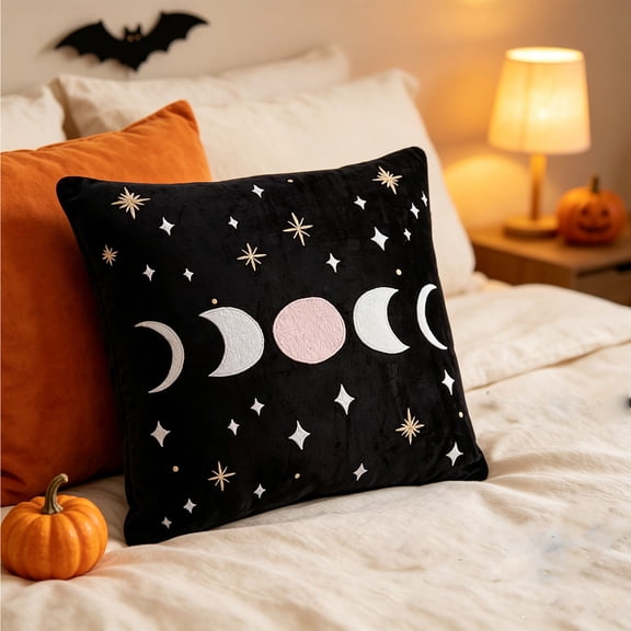 Moon Phase Star Throw Pillow Cover, Black Flannel Celestial Lunar Cycle Cushion Case, Gothic Witchy Halloween Home Decorative Pillowcase， 45x45cm