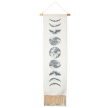 Moon Phase Tapestry with Rope String, Wooden Rod, and Tassels, Bohemian-Style Vertical Wall Hanging Art for Home, Living Room, Dorm Room Decor, (White, 12x49 in)