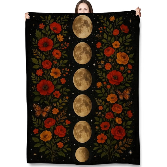 Moon Phase Throw Blanket Gifts for Adults Kids, Celestial Floral Blankets for Living Room Bedroom Decor, Fuzzy Warm Flannel Plush 40"x50"